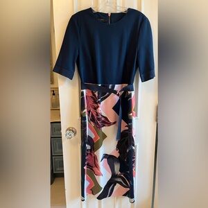 Navy and floral ted baker dress with belt. Rose gold zipper and detailing